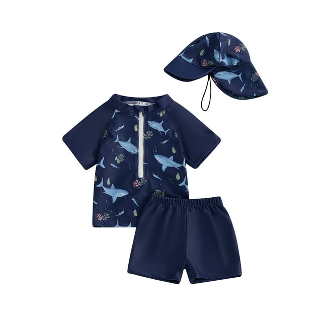 Gupgi 3Pcs Baby Toddler Boy Swimsuit Summer Shark Print Swimwear Short Sleeve Zipper Rash Guard+Swim Trunks+Hat