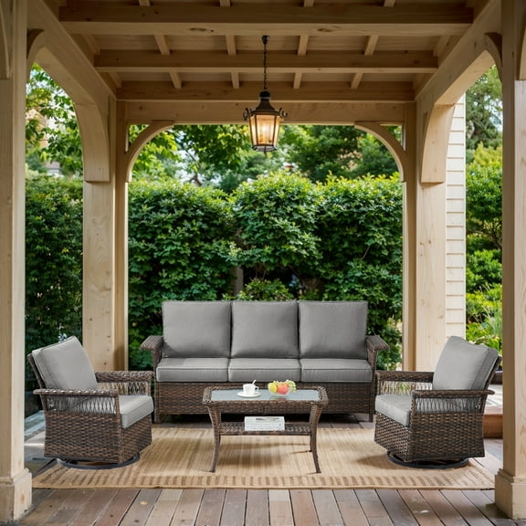OPOHORO Outdoor 4-Pieces Patio Furniture Set, Brown Wicker Patio Couch with Swivel Gliding Chairs and Coffee Table, Perfect Furniture Ideas for Patio Porch Deck, Gray