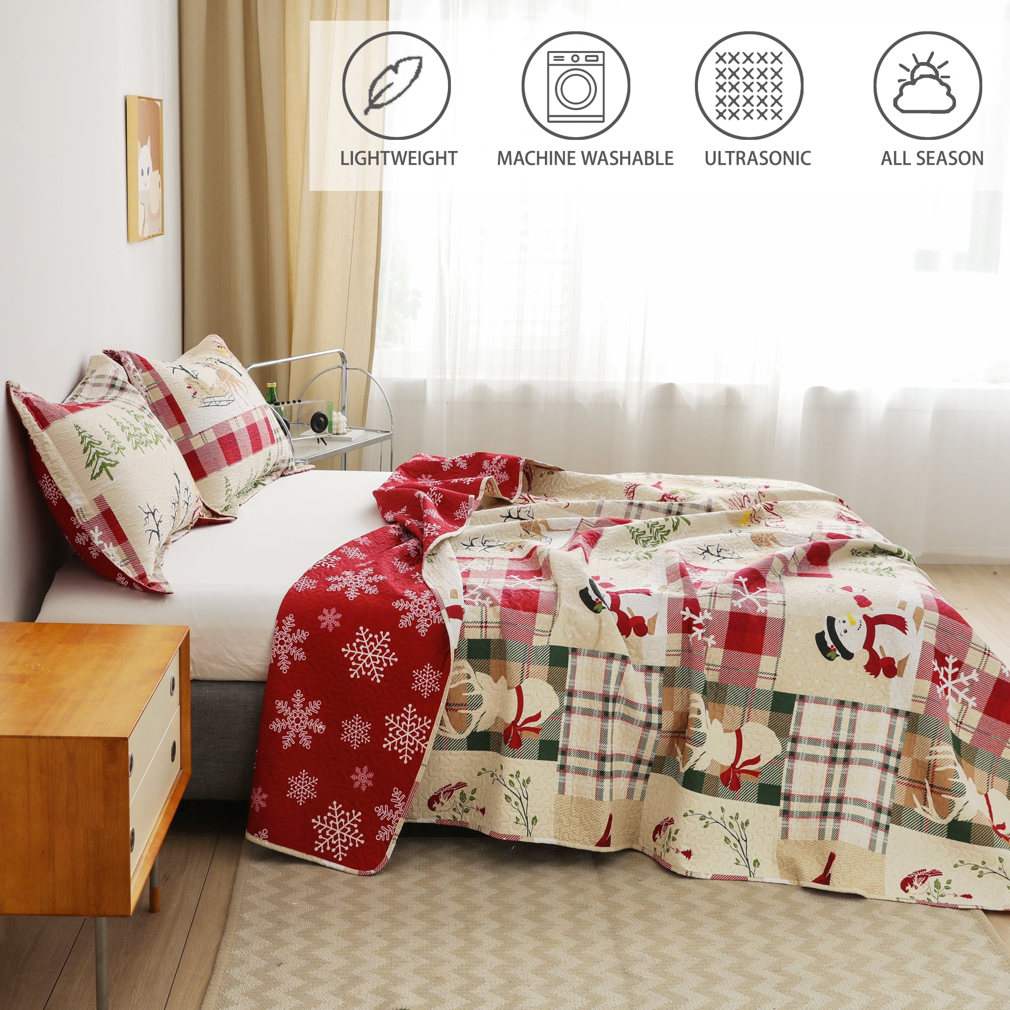 Smuge Christmas Quilt Sets Queen Full Size Reindeer Bedding Sets Snowman Xmas Bedspread Lightweight Snowflake Coverlet with 2 Pillow Shams, Beige Green