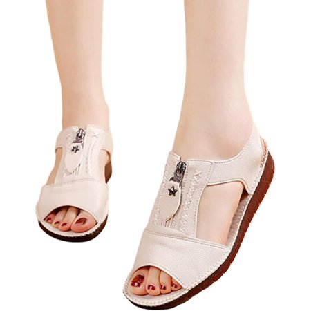 Zipper Flat Soft Leather and Sole Comfort Sandals Women Open Toe Slippers Slip On Platform Wedges Beach Sandals Comfort Flat Shoes Casual Walking Sandals Vintage Ladies Sandal (Black 4)