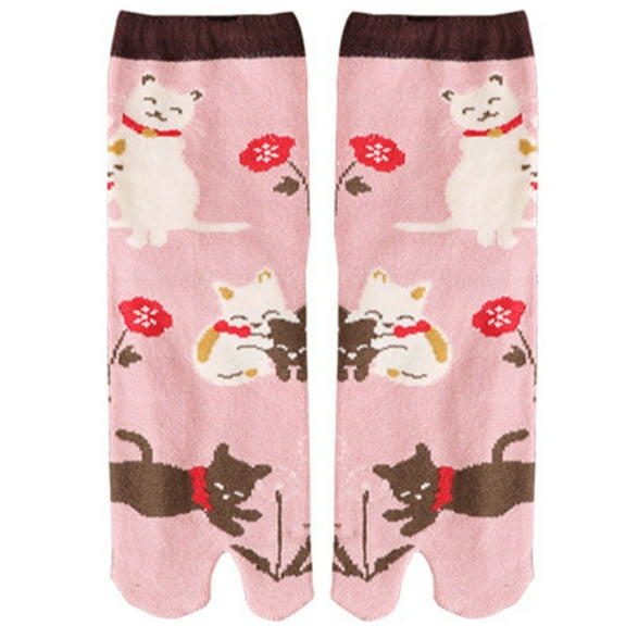 Women Split Toe Kimono Tabi Crew Socks Cute for Cat Floral Print Flip Flop Hosie