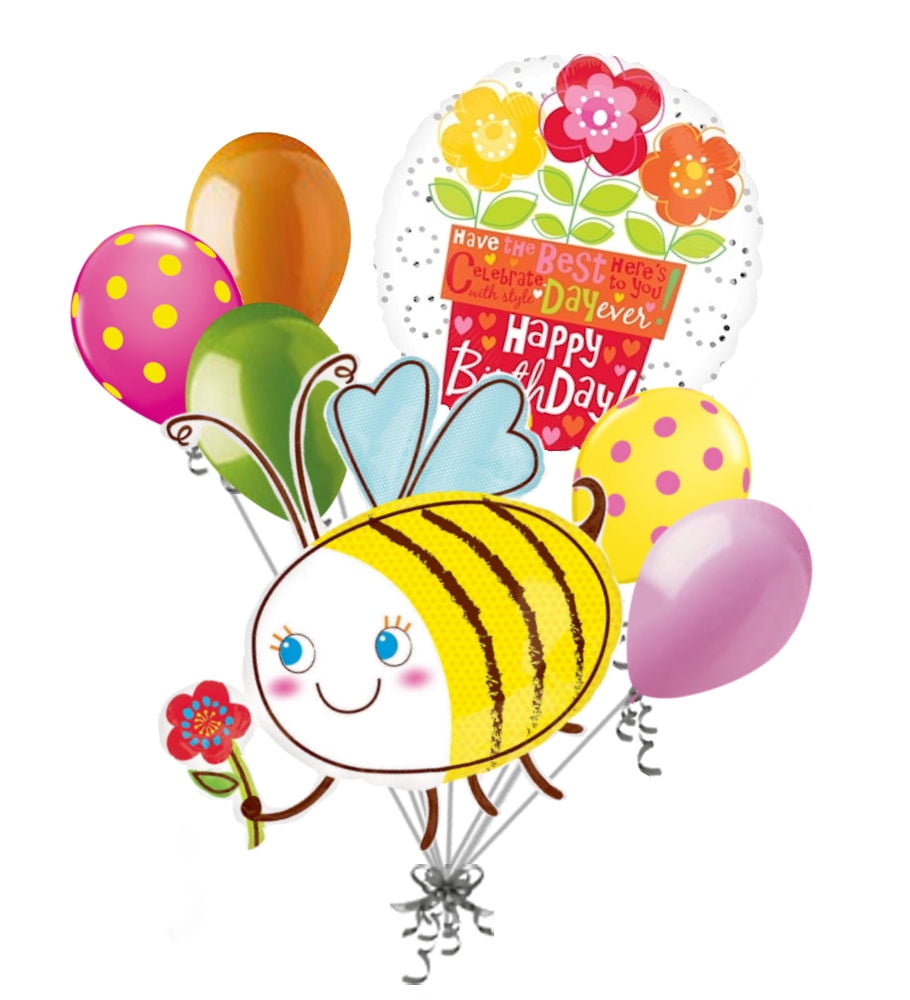 7 pc Bumblebee & Flowers Happy Birthday Balloon Bouquet Party