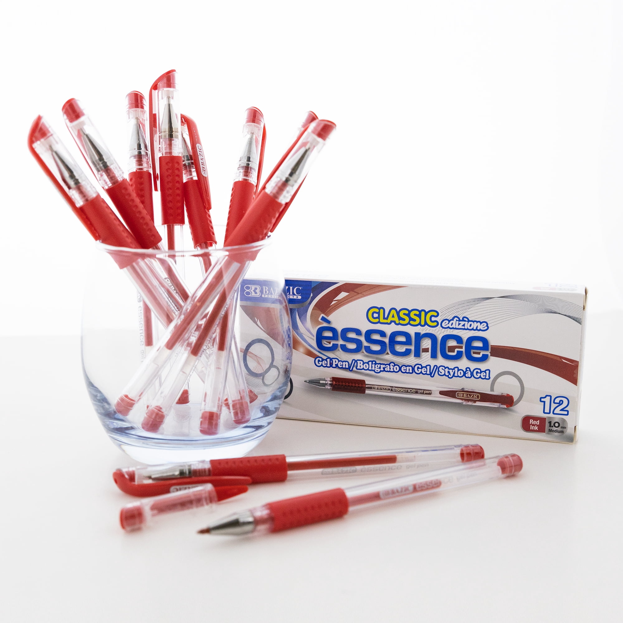 BAZIC Essence Gel Pen, Medium Point 1.0mm Red Pen, Comfort Grip, 12 Count, 12-Packs