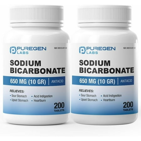 Puregen Labs Sodium Bicarbonate Tablets 650mg (10 Grains) - 200 Count | USP Grade Baking Soda Supplement, Natural Relief of Acid Indigestion, Heartburn, Sour Stomach & Upset Stomach - 2PK