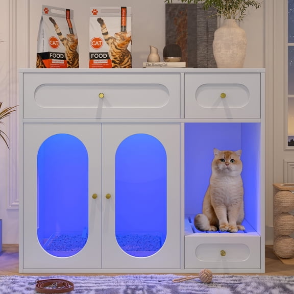 Oufan 37.4" Cat Litter Box Enclosure with LED Light, Wooden Hidden Cat Washroom Furniture with 2 Acrylic Doors & 2 Storage Drawers, Cat House Nightstandfor Living Room, White