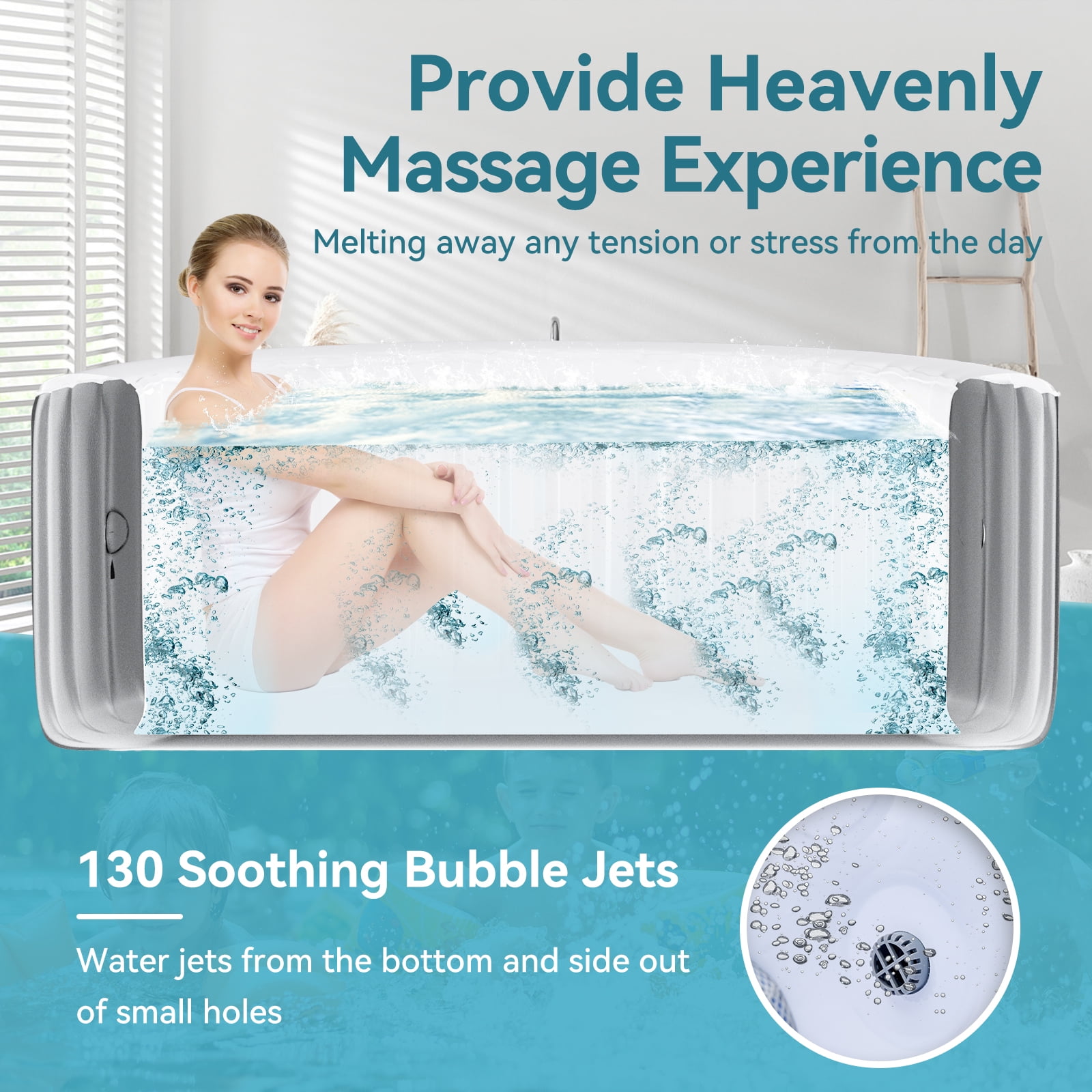 MOPHOTO Hot Tub - 71” X 71” X 25” Inflatable Hot Tub, 2-4 Person Portable Blow Up Hot Tub Square Portable Outdoor Spa with 130 Bubble Jets and Built in Heater Pump, Filter