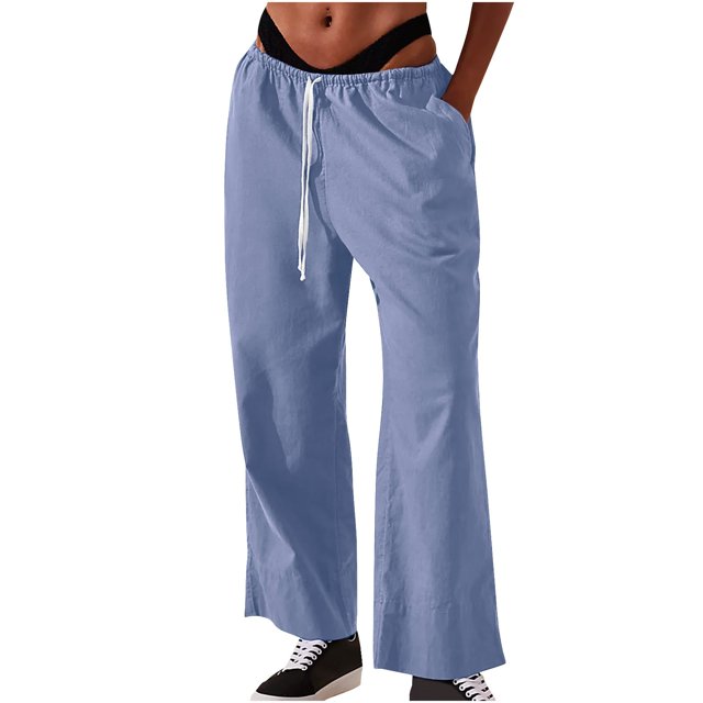 Timegard Womens Cotton Linen Pants Elastic Waist Wide Leg Solid Color Trend Lounge Pants with Pockets