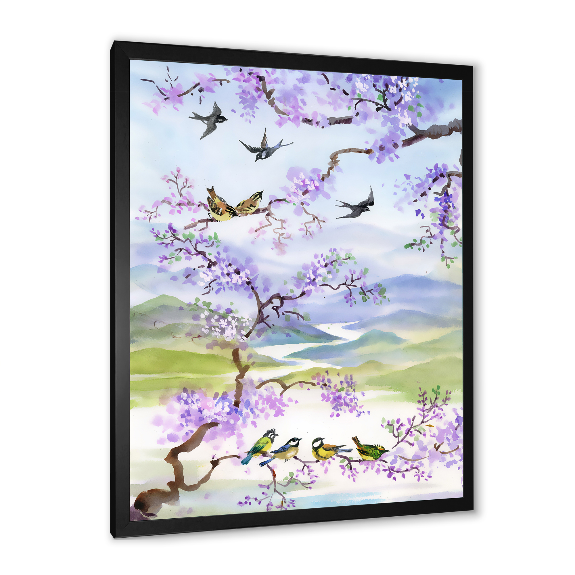 Designart 'Birds Sitting On Cherry Branch' Traditional Framed Art Print