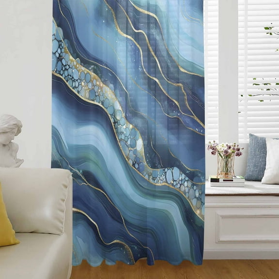 Navy Blue Marble Semi Sheer Curtains Drapes for Living Room, Bedroom, French Doors Window 84 Inches Long, Abstract Ink Painting Modern Yellow Rod Pocket Chiffon Curtain Drapery Voile Draperies Panel