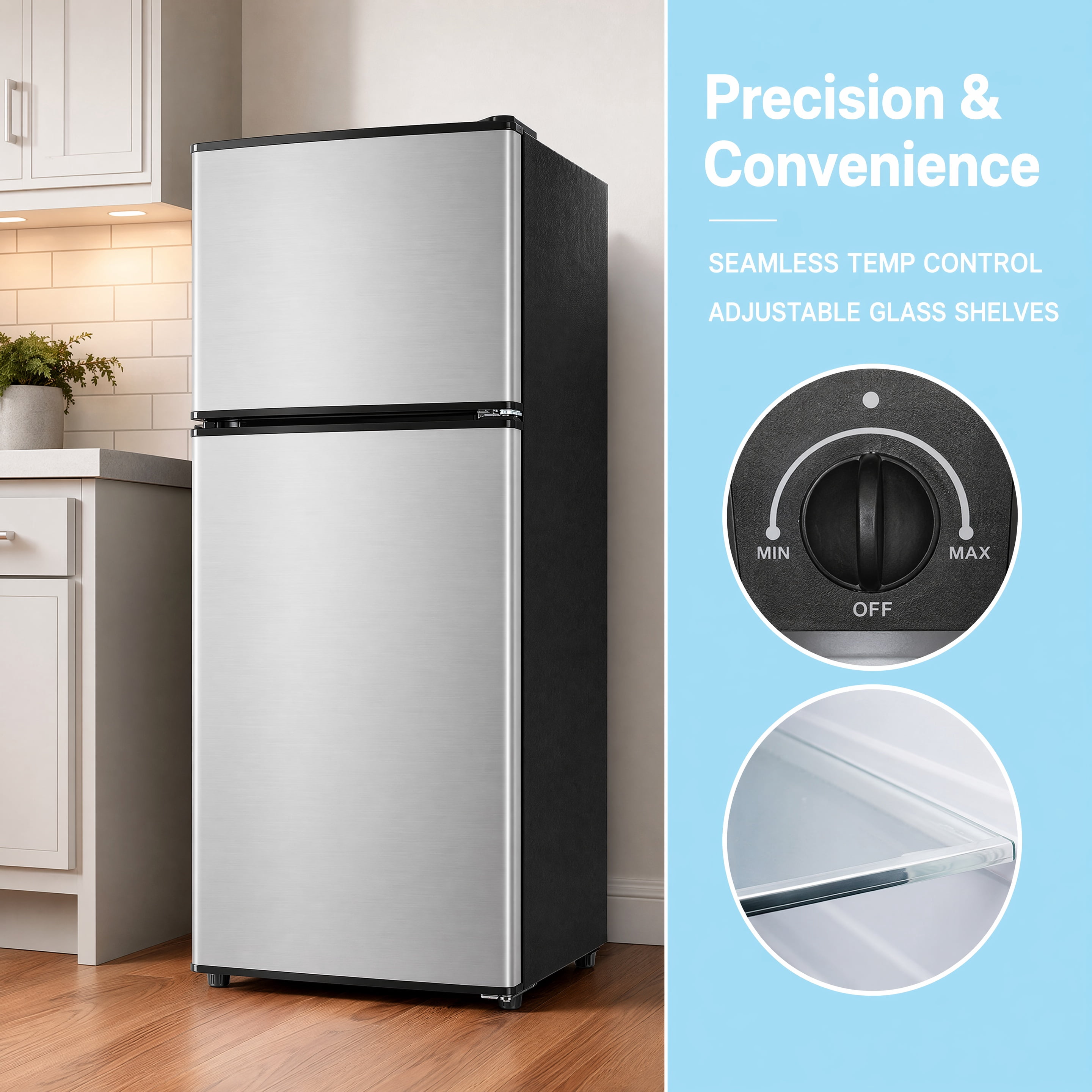 3.5 Cu.Ft Compact Mini Refrigerator with Freezer 2‑Door Small Fridge 16.69"W x17.52"D x34.18"H ABS&Steel Construction Adjustable Thermostat Removable Glass Shelves for Dorm Apartment Office Bar