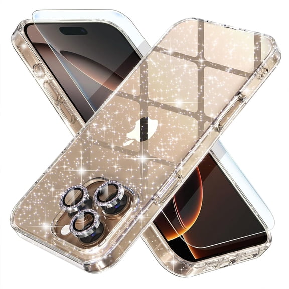Compatible for iPhone 16 Pro Max Case, Women Cute Clear Glitter Bling Sparkly Case, [3 x Diamond Camera Lens Protectors] [2 x Tempered Glass Screen Pr