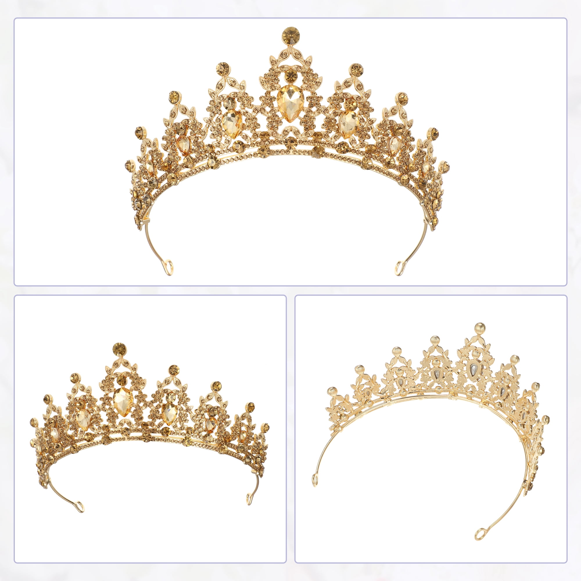 Unique Bargains Women Faux Crystal Queen Crown Tiara Rhinestone Gold Tone Yellow