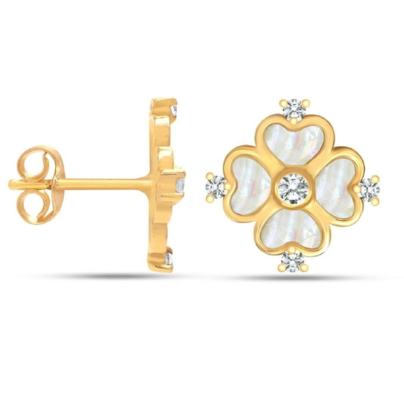LeCalla 925 Sterling Silver Heart CZ Stud Earrings | 14K Gold-Plated Lightweight Mother of Pearl Clover Flower Zirconia Medium Stud Earrings for Women - 12mm