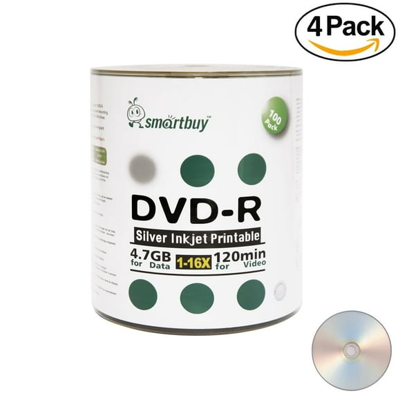 400 Pack Smartbuy 16X DVD-R 4.7GB 120Min Silver Inkjet Hub Printable Data Blank Media Recordable Disc