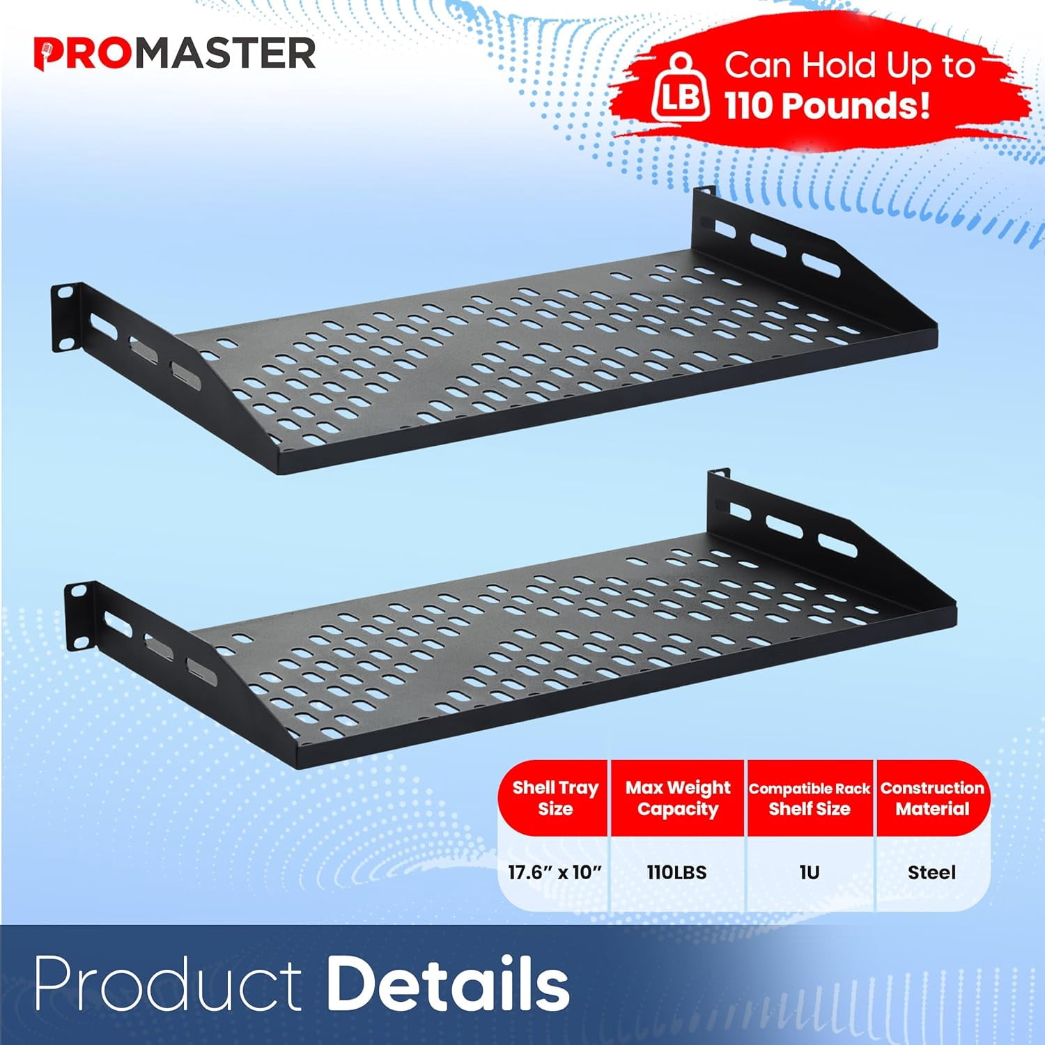 ProMaster Server Vented Shelf - 2-Pack 19 Inches, 10'' Deep, 1U Universal Integration Server Vented Rack Mounting Tray For Good Airflow, Cantilever Mount, Device and Equipment Wall Mounting - Black