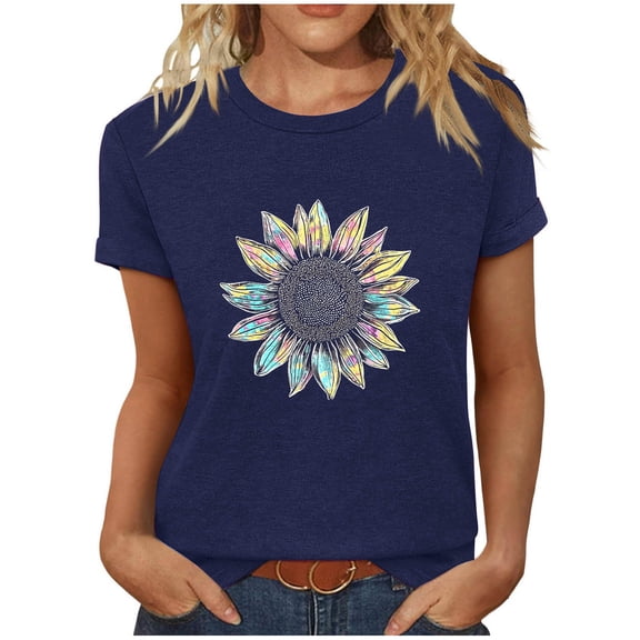 Sokhug T Shirts for Women Crewneck Flowers Graphic Tees Summer Cute Shirts Short Sleeve Tops
