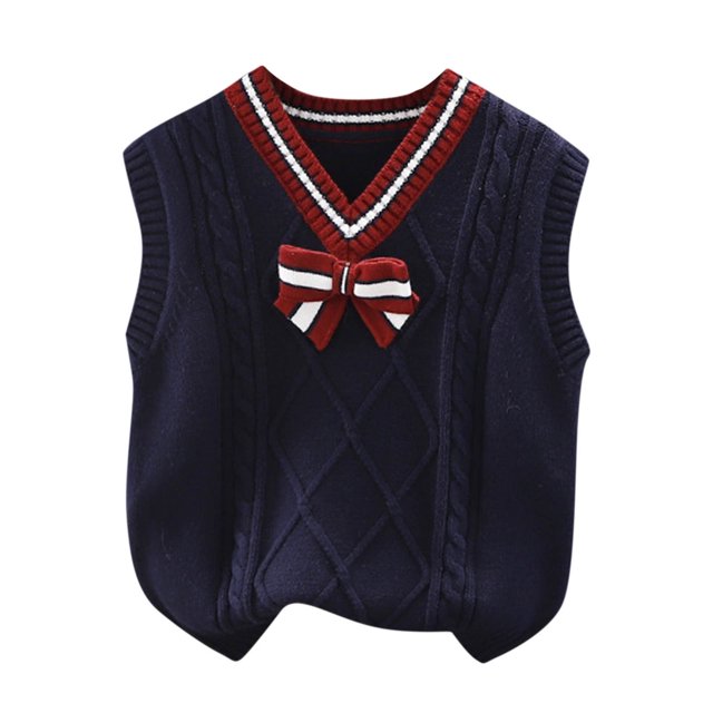 Posijego Gilet Sans Manches pour Filles, Col en V, Nœud, Uniforme Scolaire