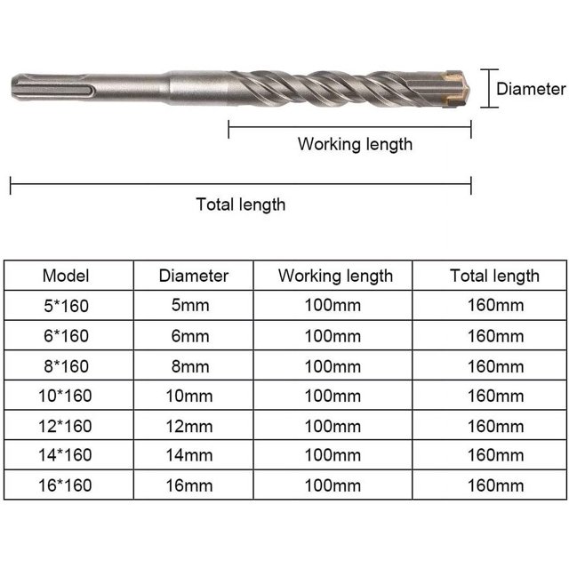 Fabricación de brocas para hormigón, 9 piezas (5 mm ~ 16 mm) SDS-Plus brocas cruzadas para taladro de impacto eléctrico para hormigón, ladrillo, piedra, natural.
