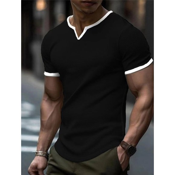 T-shirt pour Hommes à Col en V Gaufré, Couleur Unie, Manches Courtes, Coupe Ample, Haut pour Hommes, T-shirt Ajusté Décontracté à Empiècements Couleur Unie