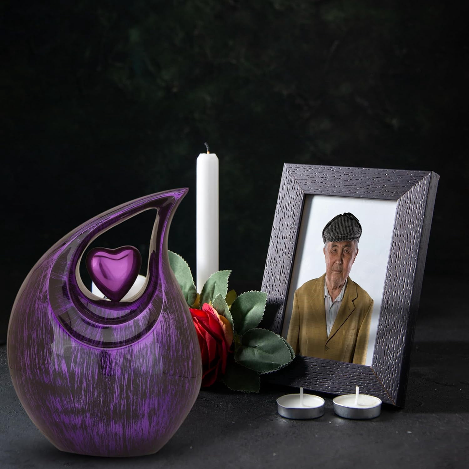 Tear Urn for Ashes 2.5L - Black & Purple Aluminum with Heart Insert - Teardrop Urns for Human Ashes - Cremation Urns for Adult Male/Female - Decorative Burial & Funeral Urn