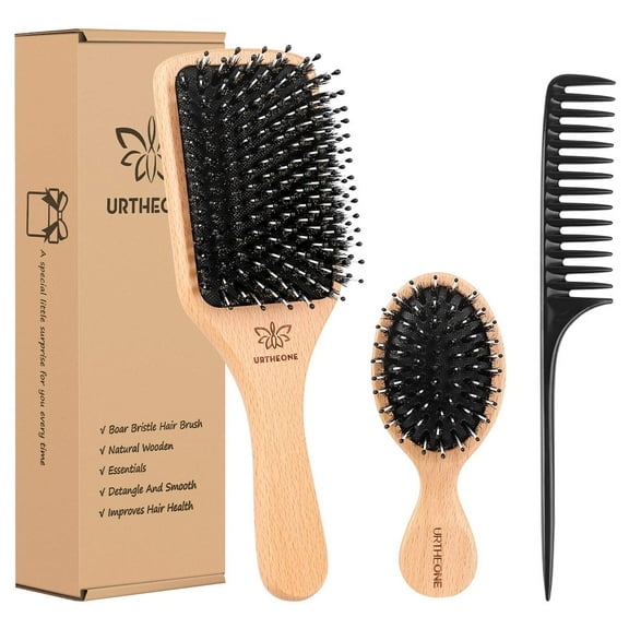 Boar Bristle Hair Brush and Comb Set for Women Men Kids, Best Natural Wooden Paddle Hairbrush and Small Travel Styling Brush for Wet or Dry Hair