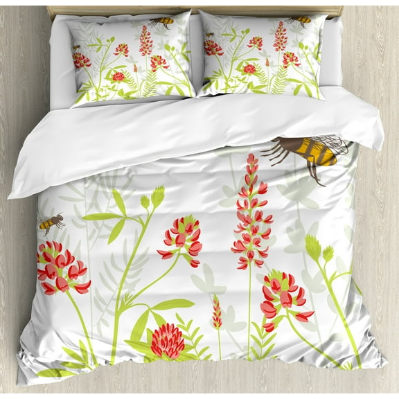 Ambesonne Honey Bee Duvet Cover Set, Flourishing Botany View, Calking, Apple Green Vermilion