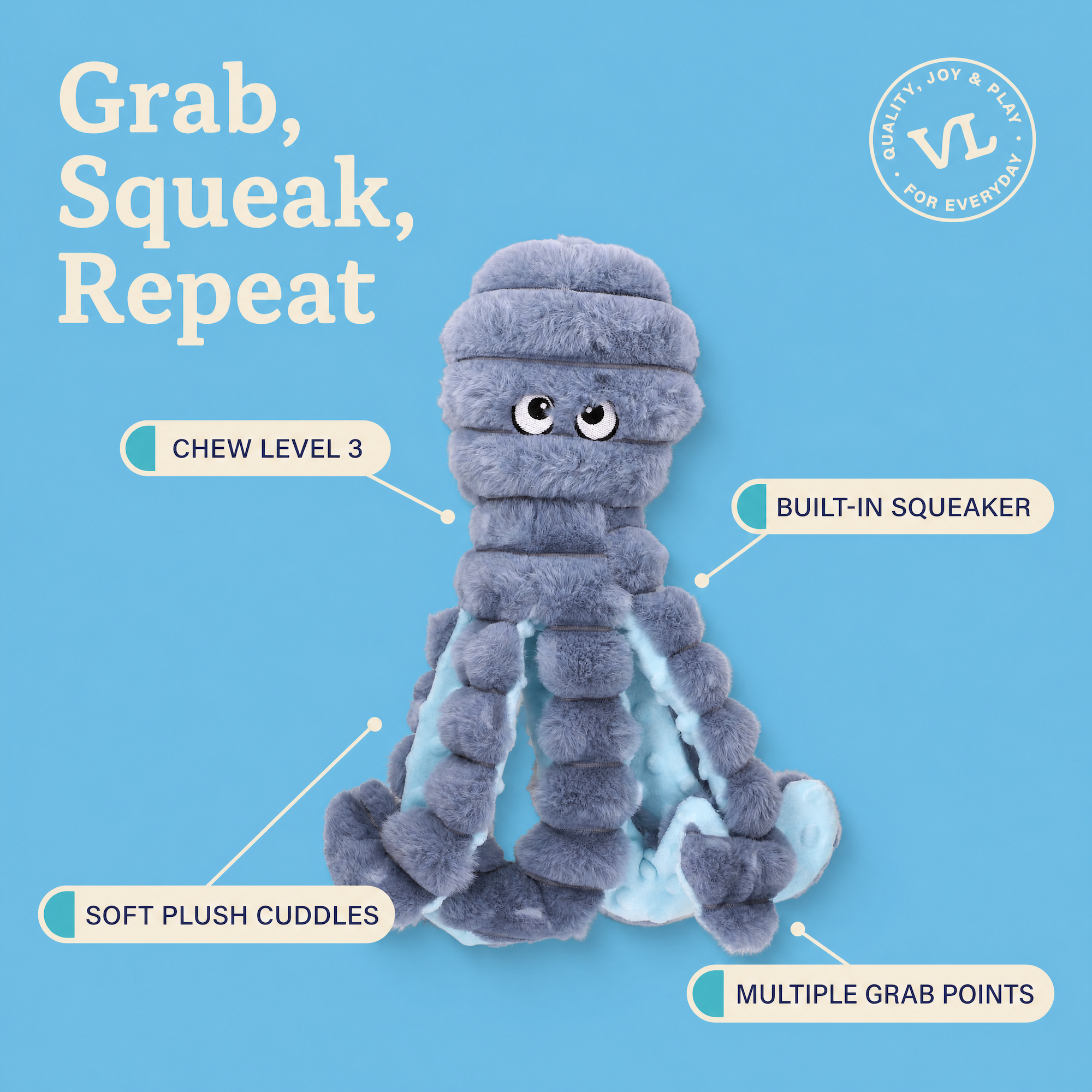 Vibrant Life Gray Octopus Plush Dog Toy with Squeaker photo 5
