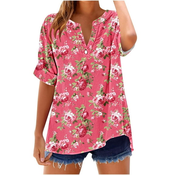 SnZhen Women Summer Casual Printed Tops Fashion V-neck Printing Button Short-sleeved Loose Comfortable T-shirt Top
