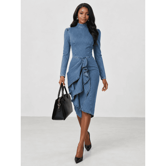 Women's Blue Denim Midi Length with Asymmetric Line Midi Dress for Wedding Guest, Prom and Evening Party