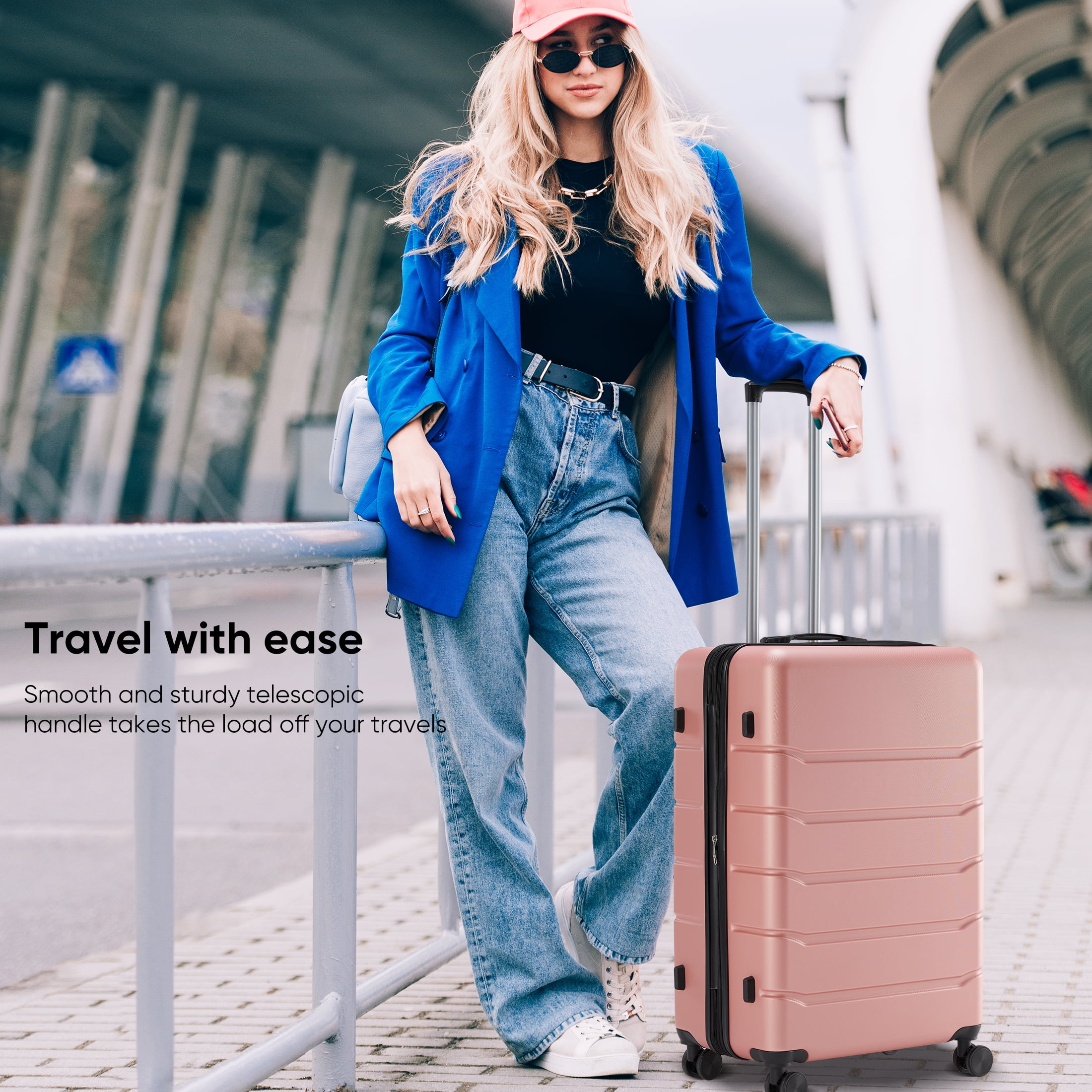 edx 24 Inch Hardside Expandable Luggage with Spinner Wheels, Checked-Medium Lightweight Expandable Rolling Luggage with TSA Lock, Pink