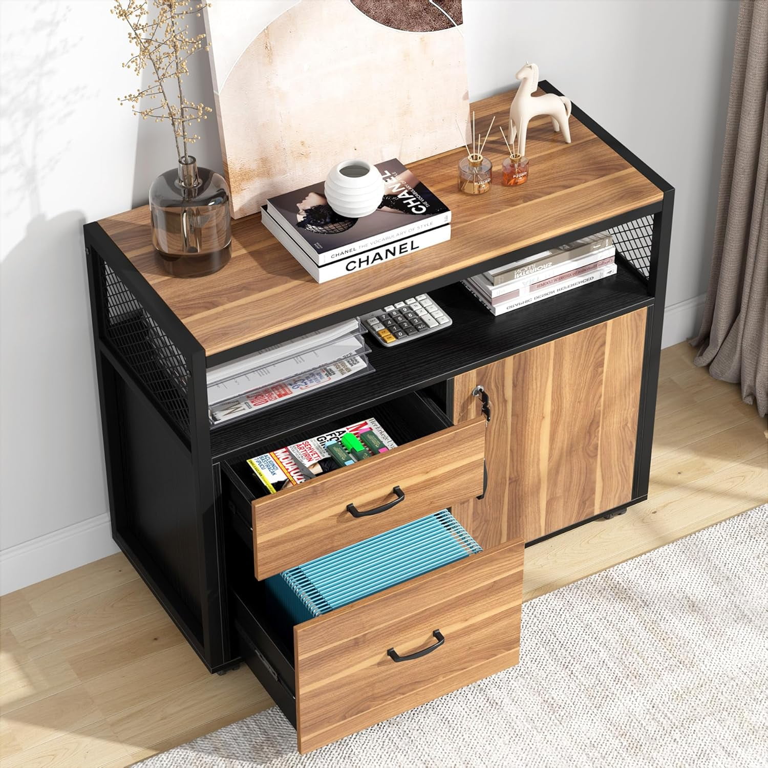 Tribesigns Modern File Cabinet with Drawers and Storage Shelves, Lockable Cabinet & Rolling Caster (Brown & Black)