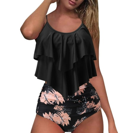 UPPADA Tankini Swimsuits for Women Floral Print Two Piece Bathing Suits Tummy Control Modest Swimsuit Blouson Swim Tops with Boy Shorts Womens Swim Dress Clearance Black S