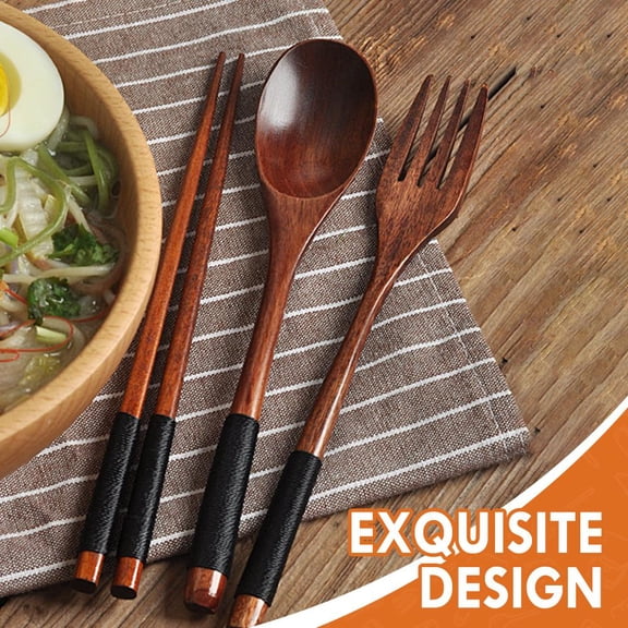 Wooden Spoon Fork and Chopsticks Set, Natural Phoebe Wood Utensils with Hand Polished Smooth Finish, Eco-Friendly Reusable Travel Flatware