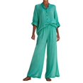 thumbnail image 3 of Women's Two Piece Set, Long Sleeve Button Down Shirt and Elastic Waist Wide Leg Pants, Matching Linen Blend Resort Wear, Beach Cover Up and Loungewear Set for Women-Green, 3 of 5