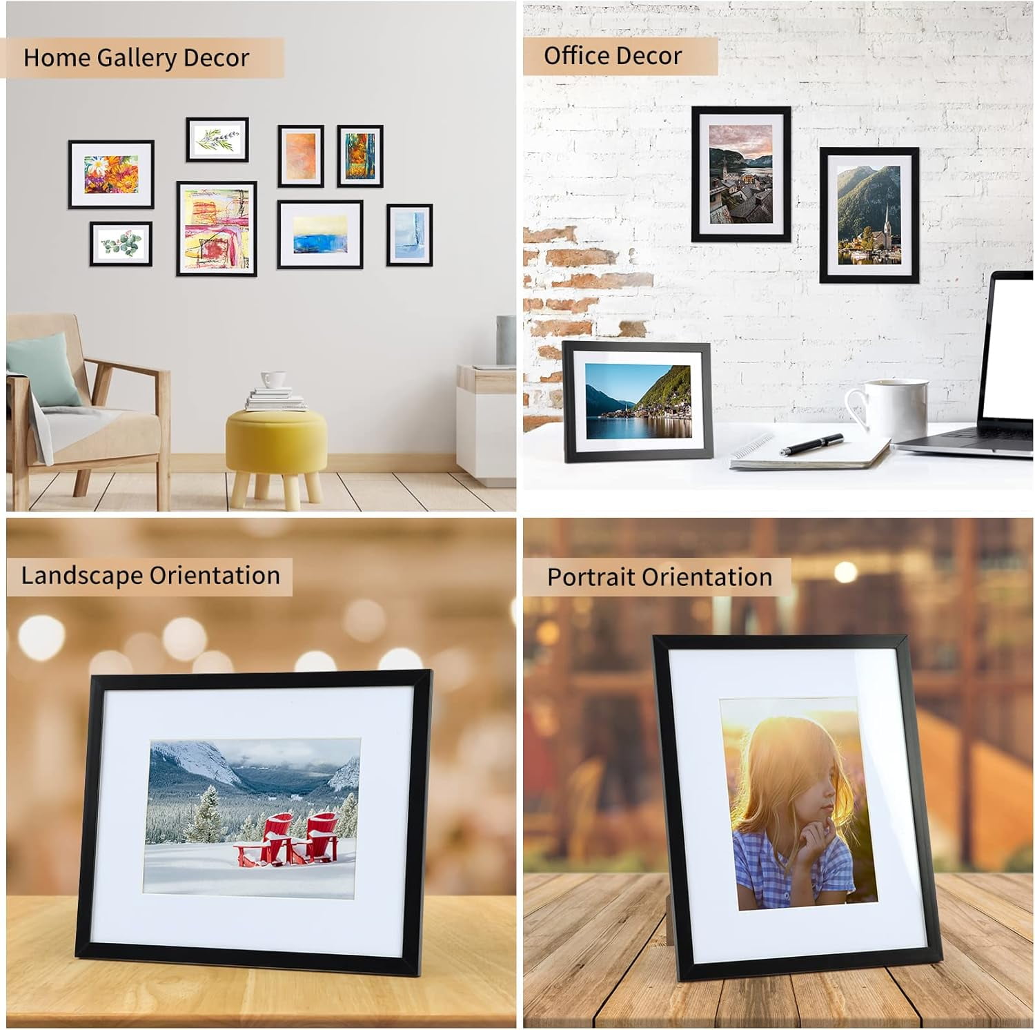 11x17 Picture Frames Set of 4,Display Pictures 8x12 with Mat or 11 x 17 Without Mat,Gallery Wall Photo Frames, Black