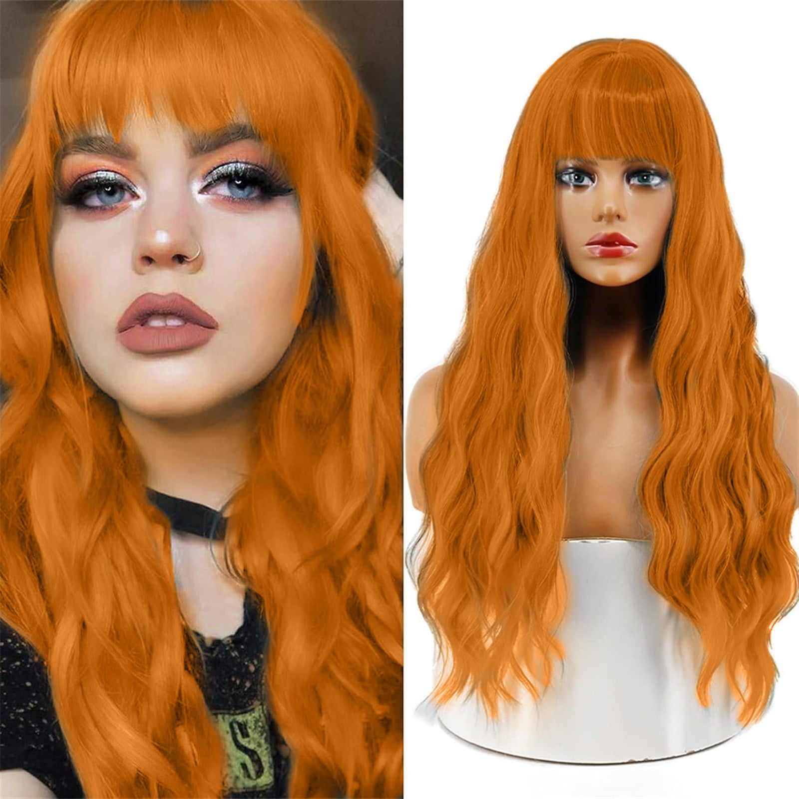 YSGFHGJW Human Hair Wig,Long Curly Wig With Bangs Hair Wig For Women Synthetic Natural Wig Various Colors Available Daily Wear Party And Cosplay Soft Wig,Orange