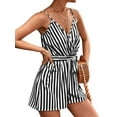 thumbnail image 3 of HUBERY Women Striped Colorblock Sleeveless V Neck Open Back Short Jumpsuit, 3 of 7