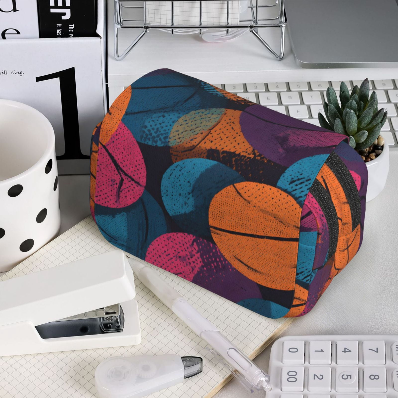 Large-Capacity Flip-Top Double-Layer Pencil Case, Multi-Functional Pocket Pen Case, Durable Stationery Organizer Seamless Pattern Basketball Theme Cool Style
