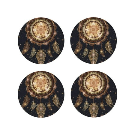 

Honeii Dreamcatcher With Mandala Print Leather Coaster Set of 4 Ideal for Safeguarding Your Furniture from Drinks Spills and Effortless Cleanup-Round Shape