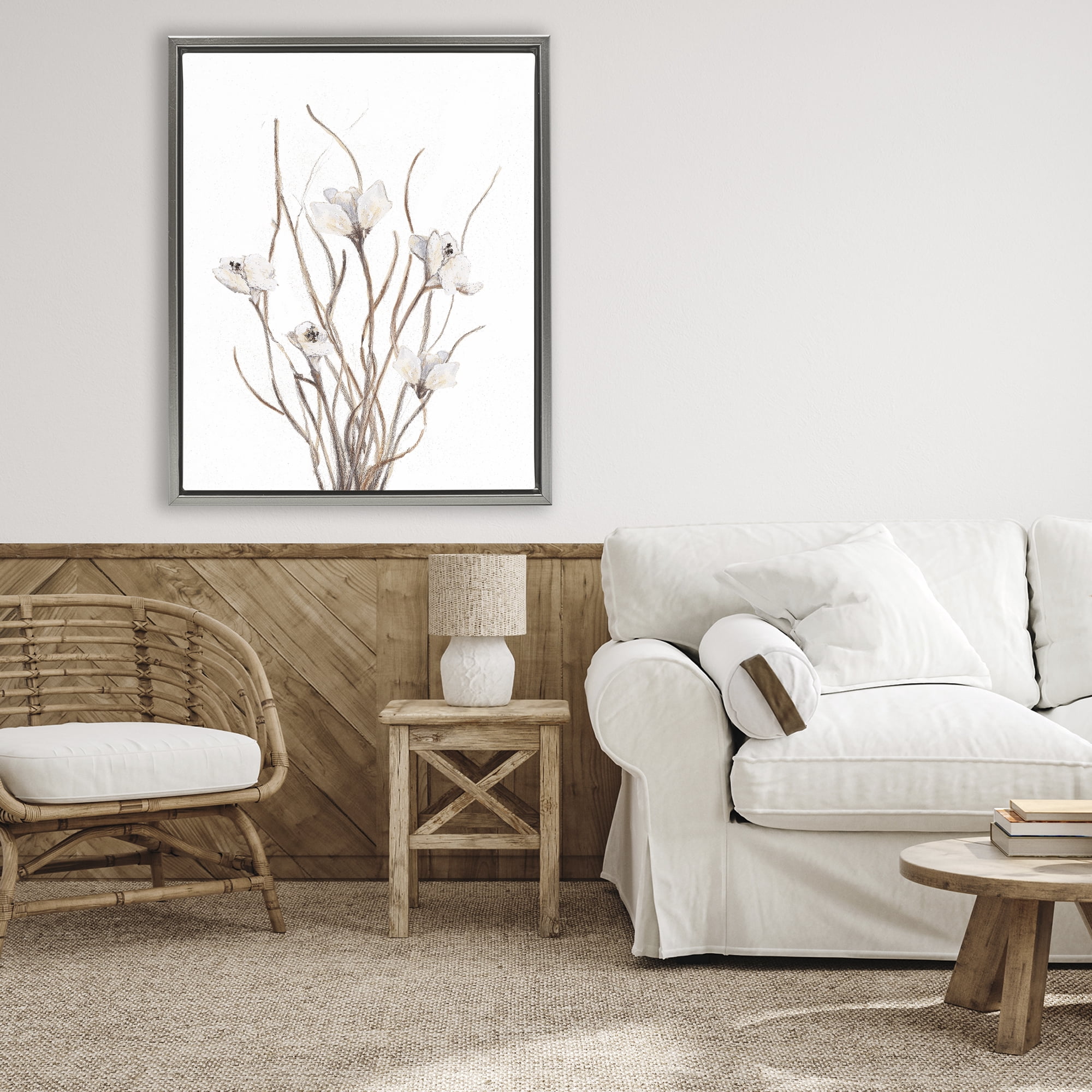 Stupell Industries Curly Floral Branches Gray Framed Floater Canvas Wall Art, design by Lanie Loreth