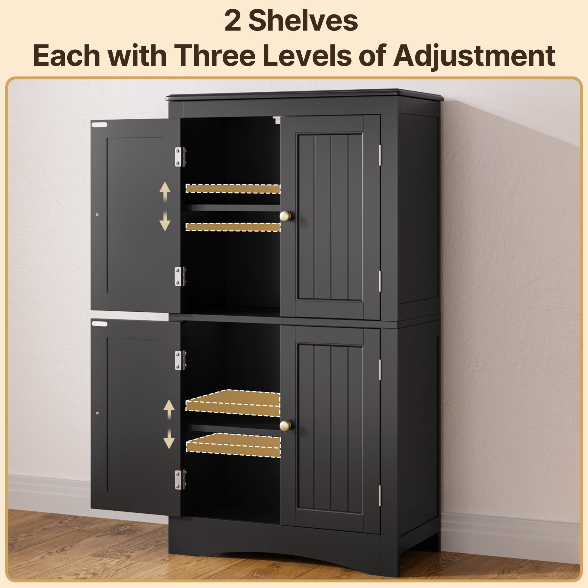 43" Kitchen Pantry Cabinet, Asofer Bathroom Storage Cabinet with Adjustable Shelves and 4 Magnetic Doors, Floor Cabinet for Kitchen, Living Room,Black