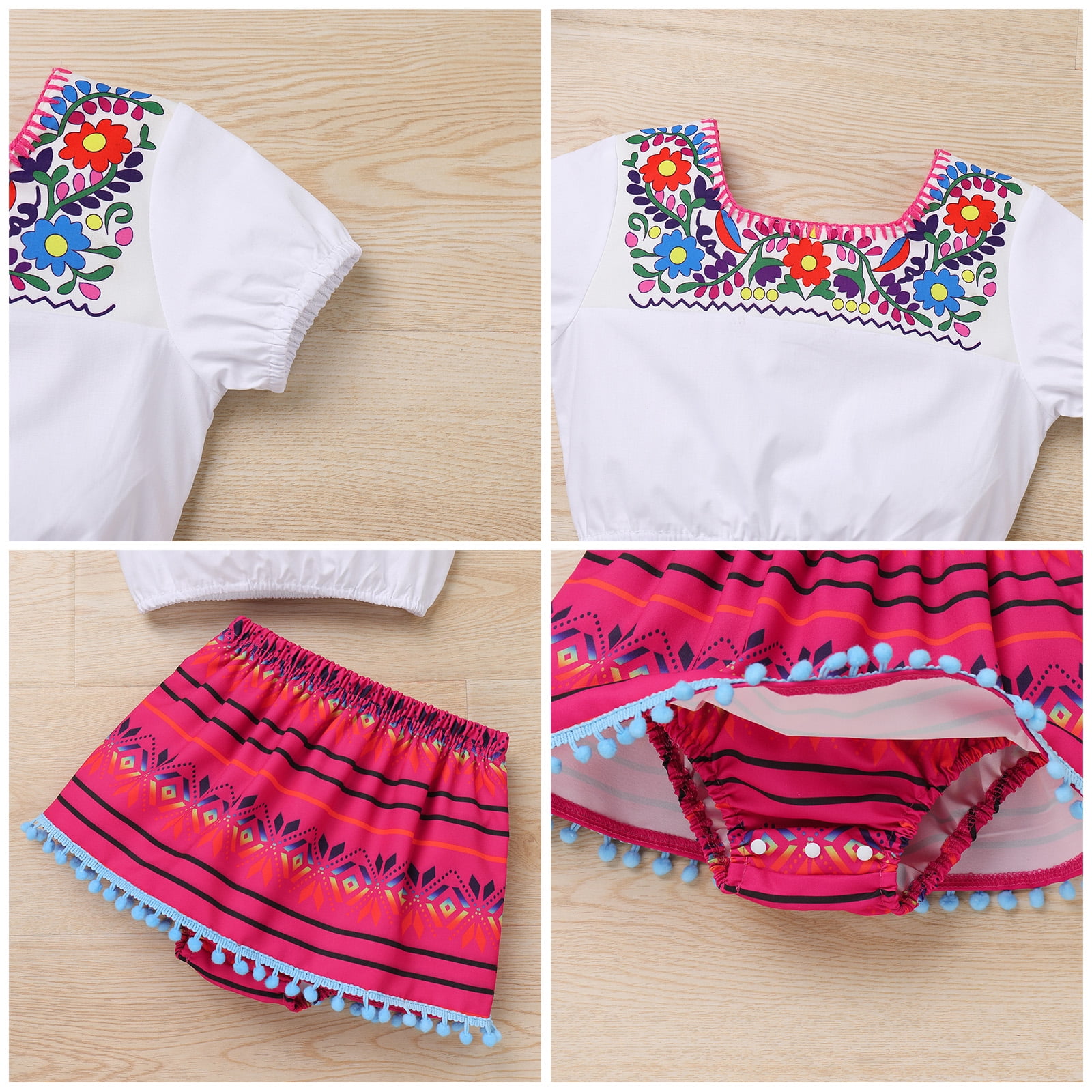 IBTOM CASTLE Toddler Baby Girls Mexican Traditional Fiesta Cinco de Mayo Outfit Floral Print Top + Skirt + Headband Photo Shoot Clothes 18-24 Months Hot Pink