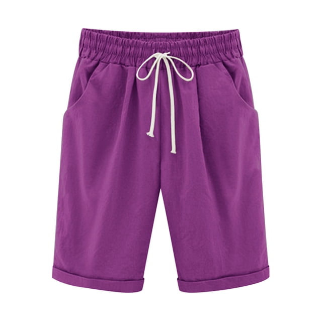 AherBiu Capri Pants for Women Casual Summer Elastic Waist Drawstring Loose Straight Solid Color Shorts