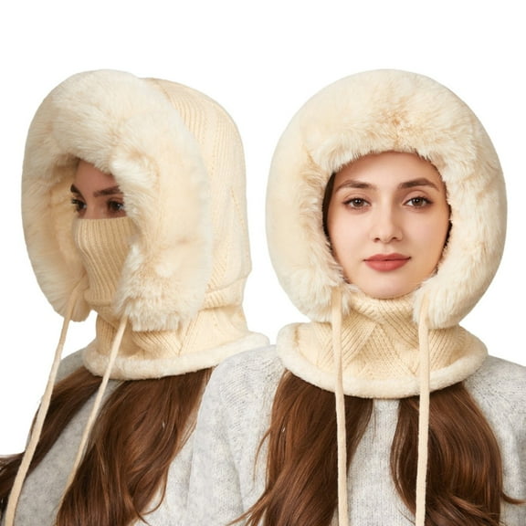 Women's 3-in-1 Ribbed Knit Hat with Integrated Scarf, Winter Face Mask Beanie, Thermal Ear Flap Trapper Cap, Cold Weather Balaclava Style, Unisex Outdoor Winter Gear - Beige