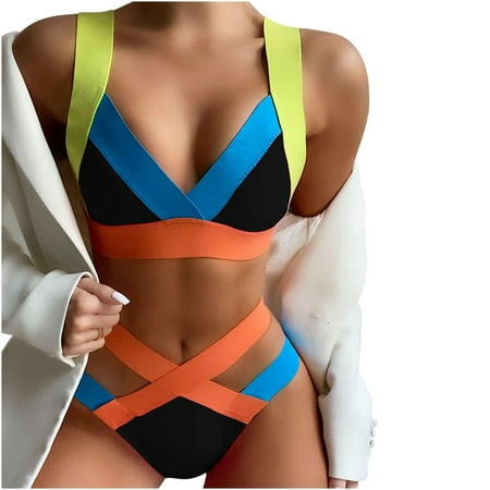 Women s Color Block Swimsuit Triangle Bikini Top High Waist Panty Set Bathing Suit High Cut Two Piece Swimwear Beachwear