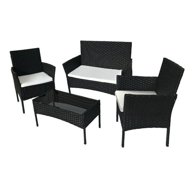 Ilios Innova Juego de Sala para jardín de 4 piezas fabricado en Mimbre sintético, Set para exteriores 3 Sofás con Asiento Acolchado y Mesa de Vidrio (Sala-4p)