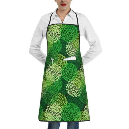 

Qekee Green Flower Print Adjustable Bib Apron Resistant with Pocket Cooking Kitchen Aprons for Women Men Server Chef Apron