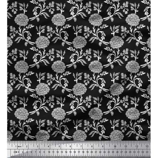 Soimoi Poly Georgette Fabric Leaves & Floral Block Print Sewing Fabric Yard 52 Inch Wide