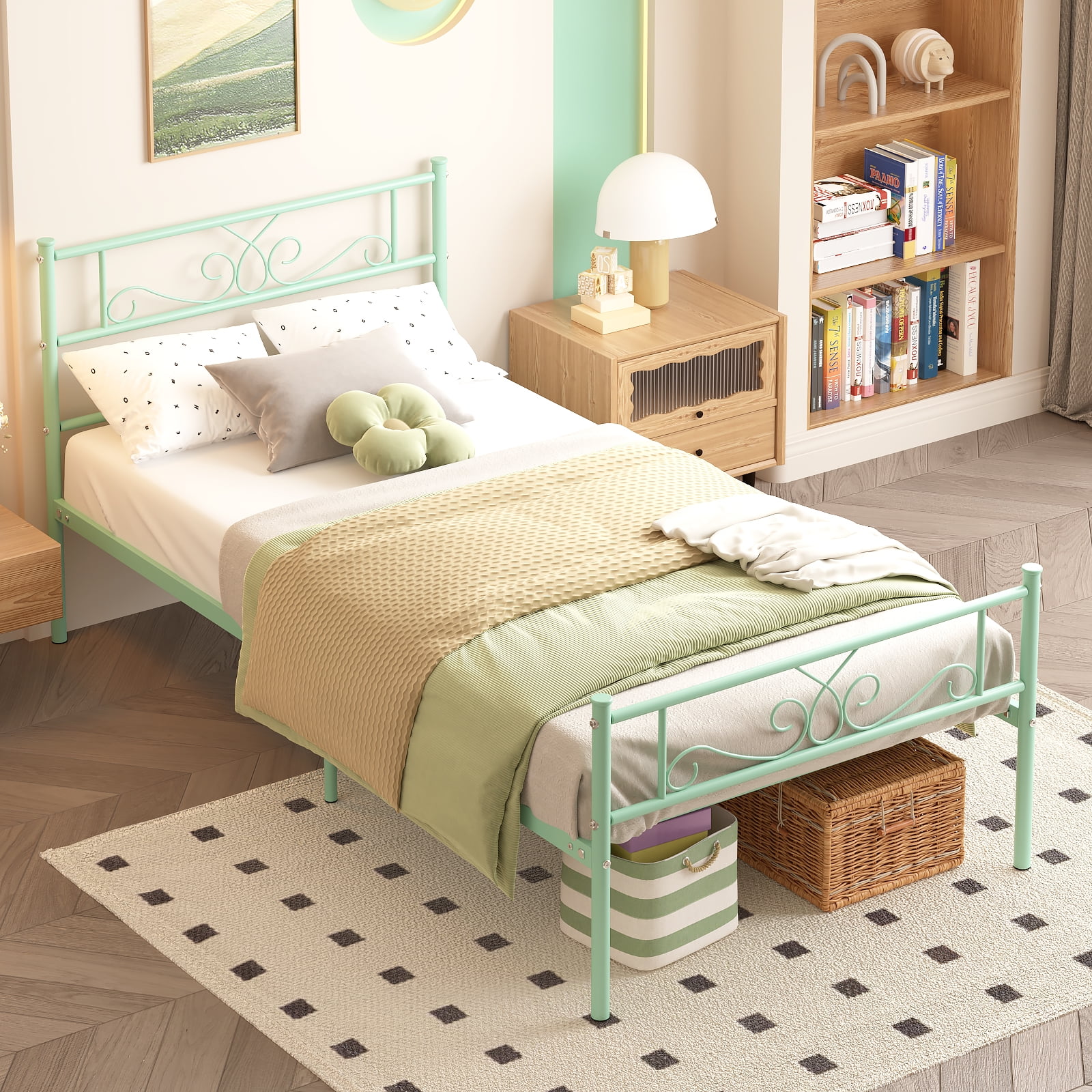 Yoneston Twin Size Metal Platform Bed Frame with Headboard, 12.7” Single Bed Frame for Kids, Teens, Adult Bedroom Furniture, Mint Green