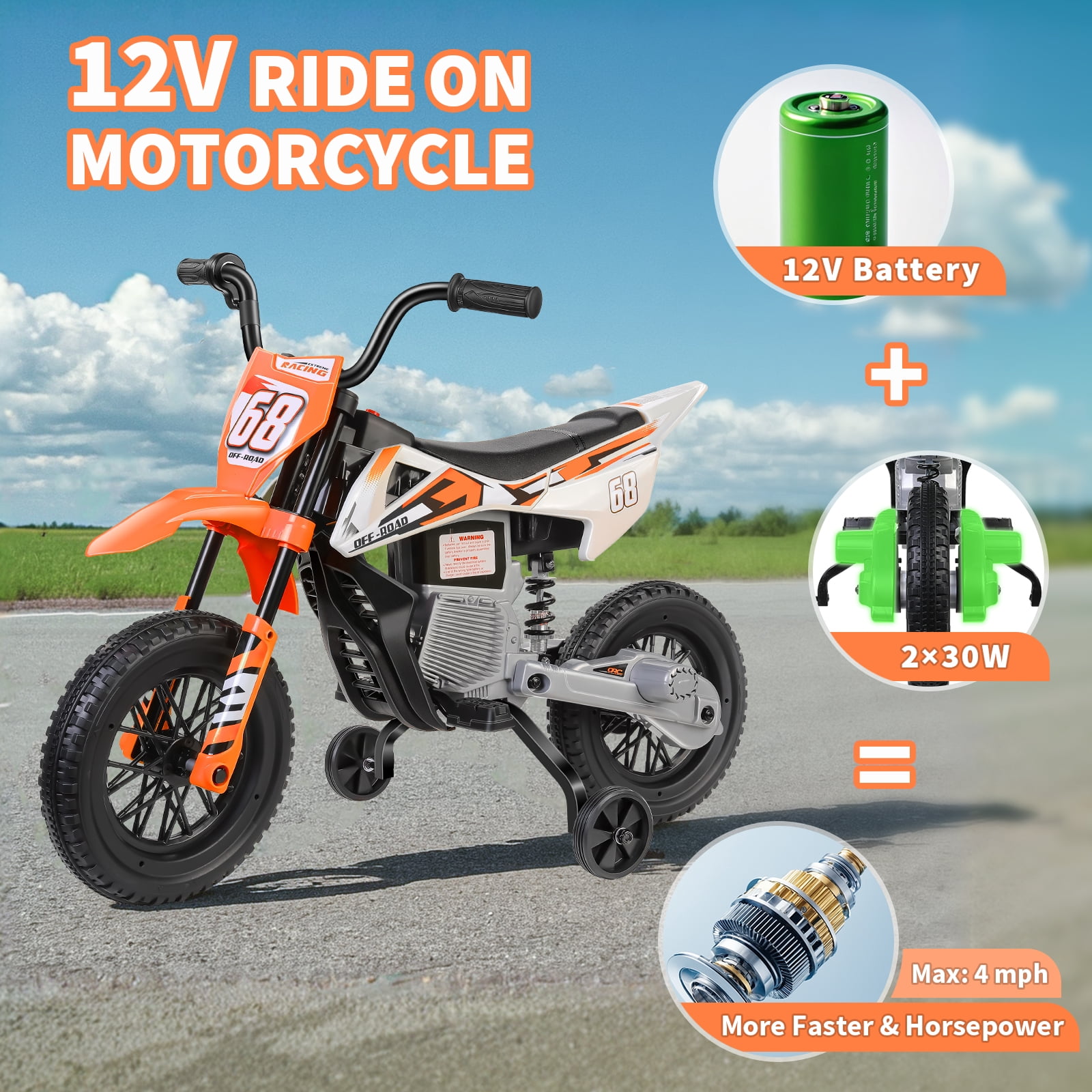 Funcid 12V Electric Dirt Bike with Twist Grip Throttle, Ride on Motorcycle with 2 Training Wheels, Suitable for Ages 3-8, Bluetooth, MP3, Dual Motors, Spring Suspension